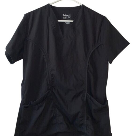 Beverly Hills Uniforms Womens Black V-Neck Scrub Top L Polyester/Spandex - Picture 1 of 8